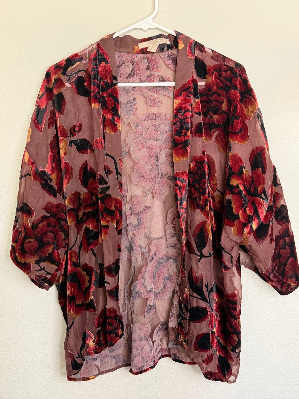 Forever 21 Contemporary Floral Burnout Velvet Kimono Cardigan Burgundy Size M